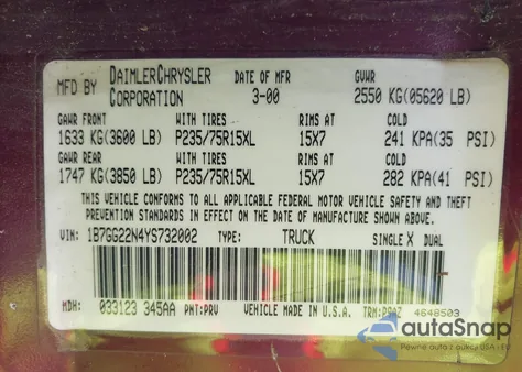 2000 Dodge Dakota Slt/Sport из США, поврежденный, VIN 1B7GG22N4YS732002